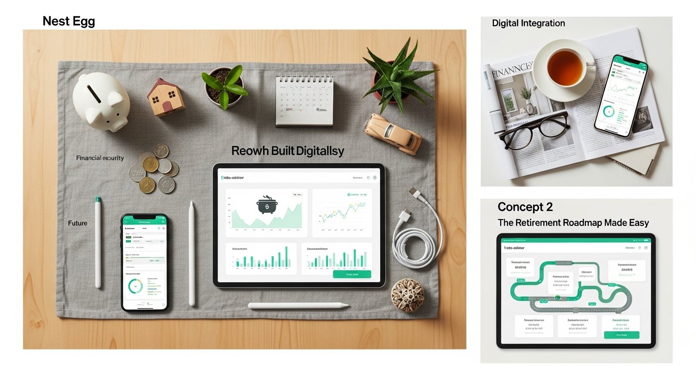 Illustration of a robo-advisor managing a retirement portfolio on a mobile fintech app