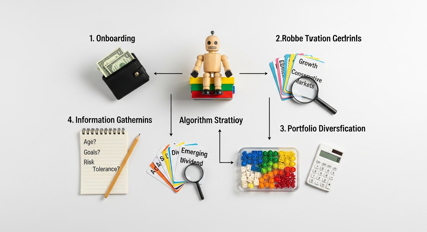 Illustration of robo-advisor managing investments on laptop and smartphone for personal finance