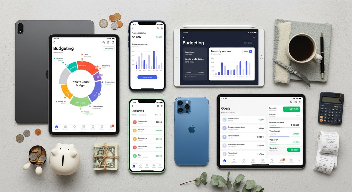 Illustration of a smartphone displaying free budgeting apps and charts for personal finance and fintech