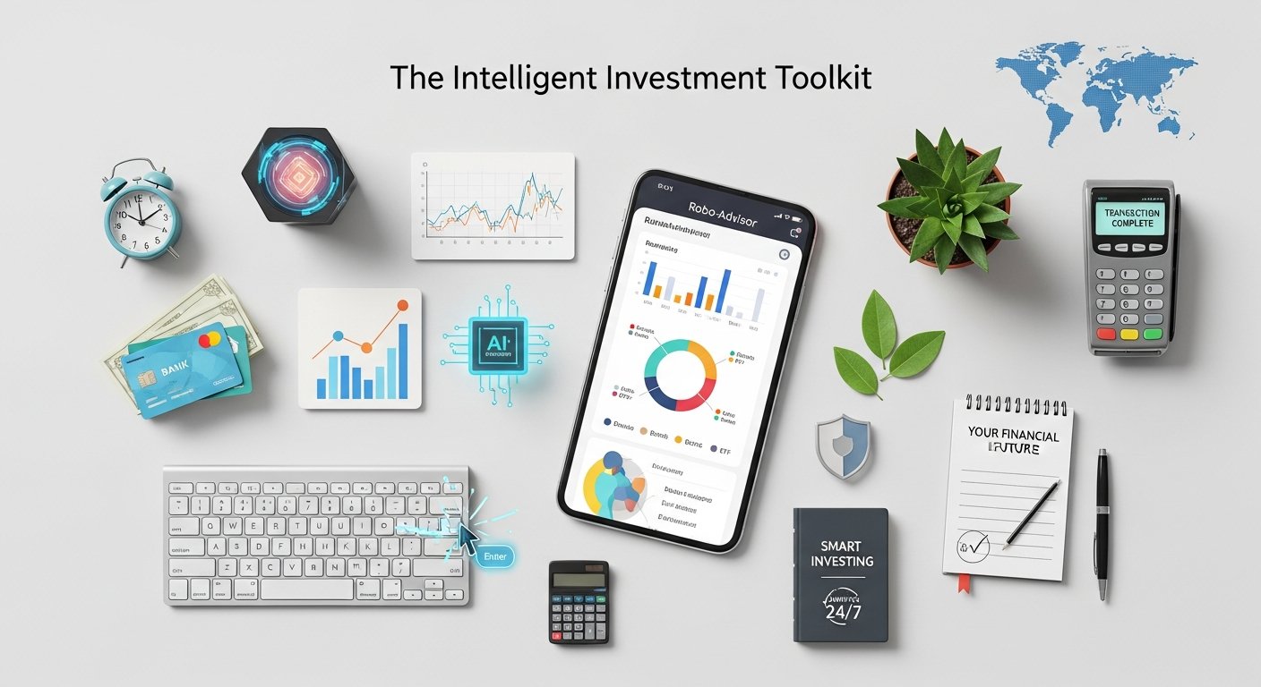 Featured illustration of personal finance robo-advisors dashboard with digital charts and coins