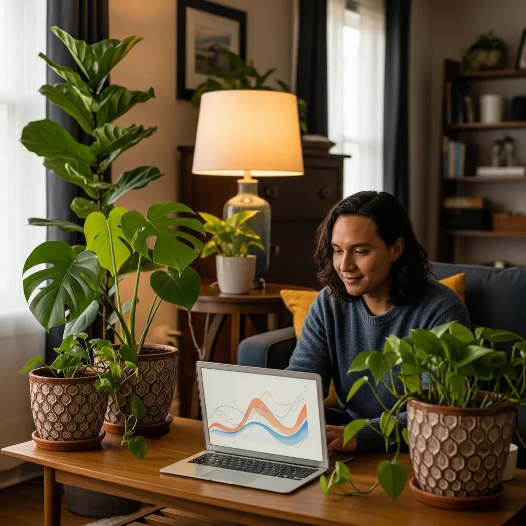Cozy home setting with a person using a laptop for digital wealth management