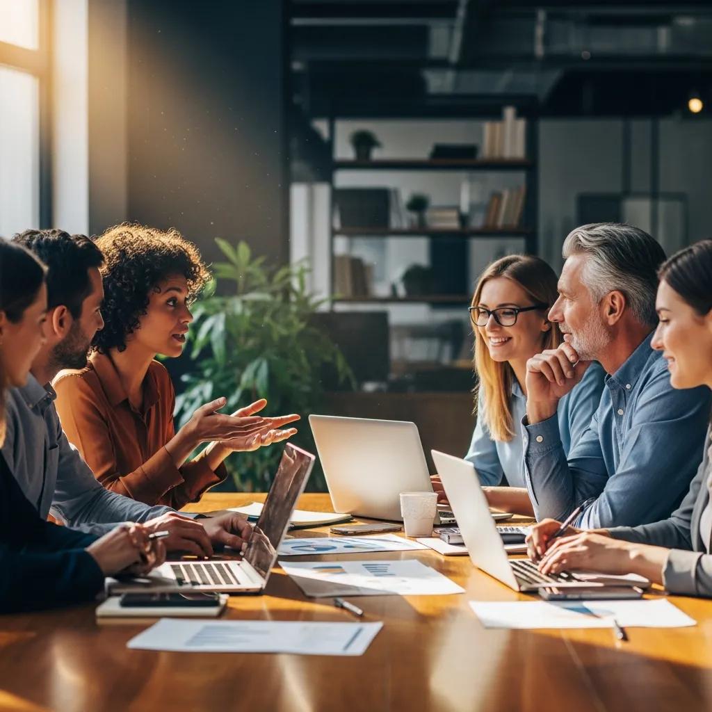 Group discussion on investment strategies with laptops and financial documents