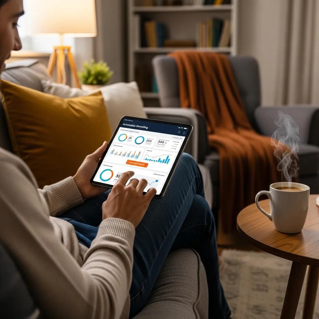 Person using a tablet for automated investing in a cozy living room