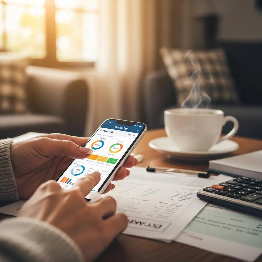 Close-up of smartphone with budgeting app in a cozy setting