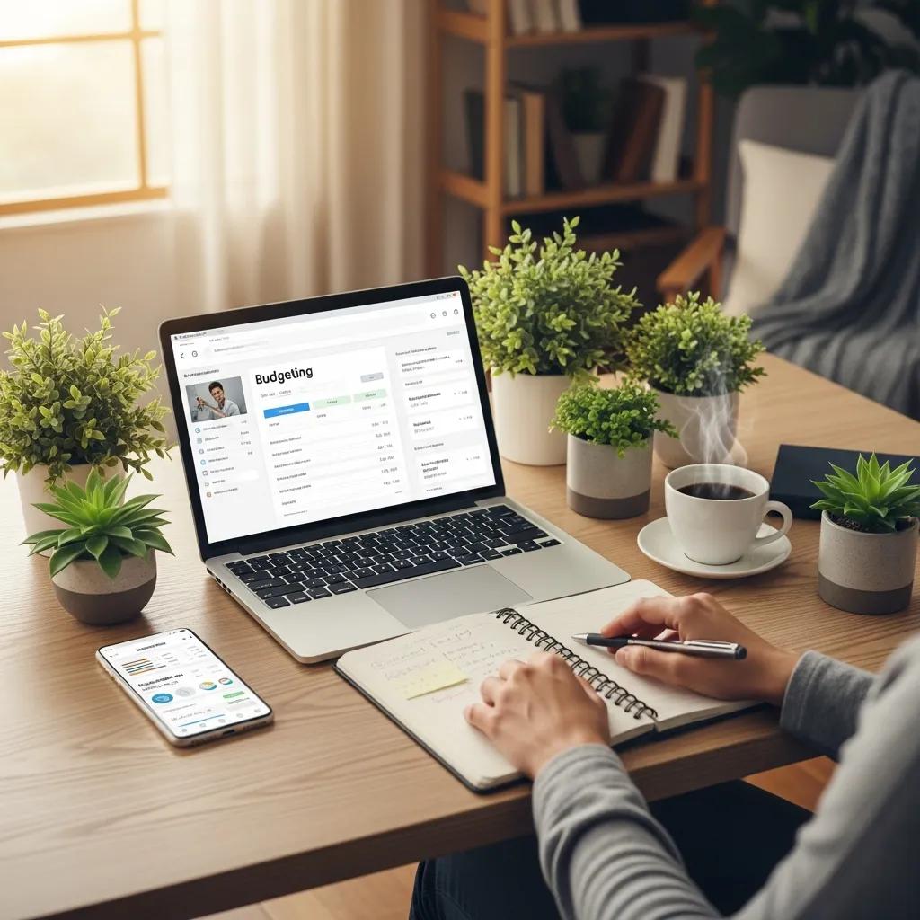 Cozy workspace with laptop, budgeting apps, and financial tools