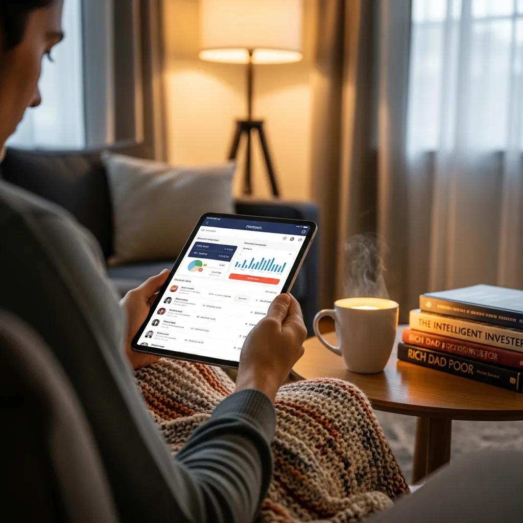 Person using a tablet for fintech solutions in a cozy environment