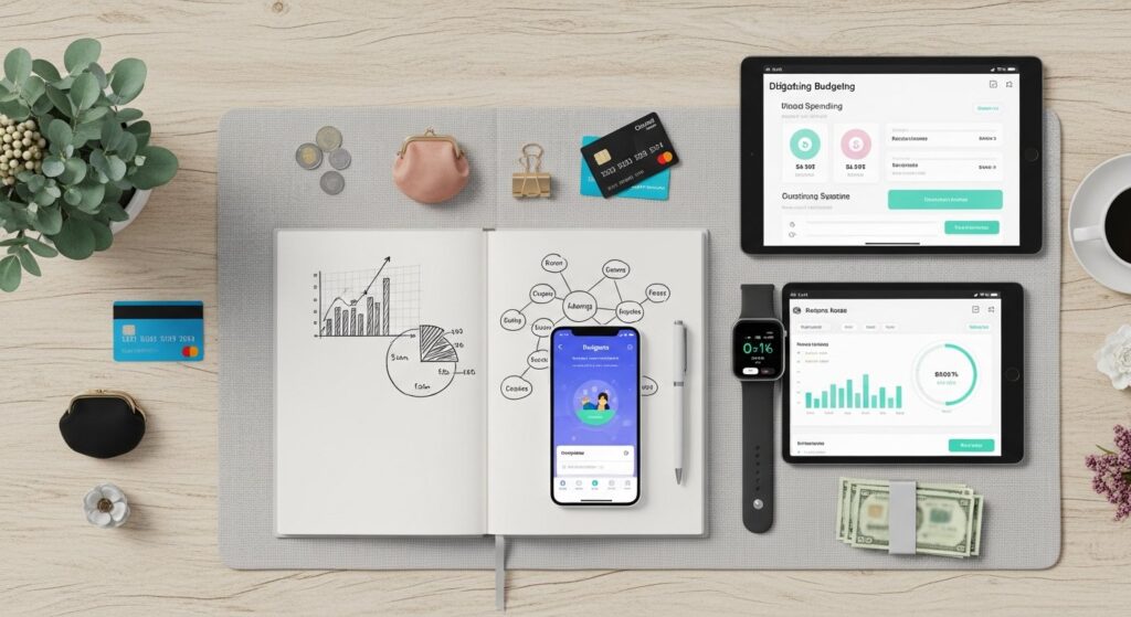 Illustration of personal finance and fintech: mobile budgeting app dashboard showing spending categories and charts