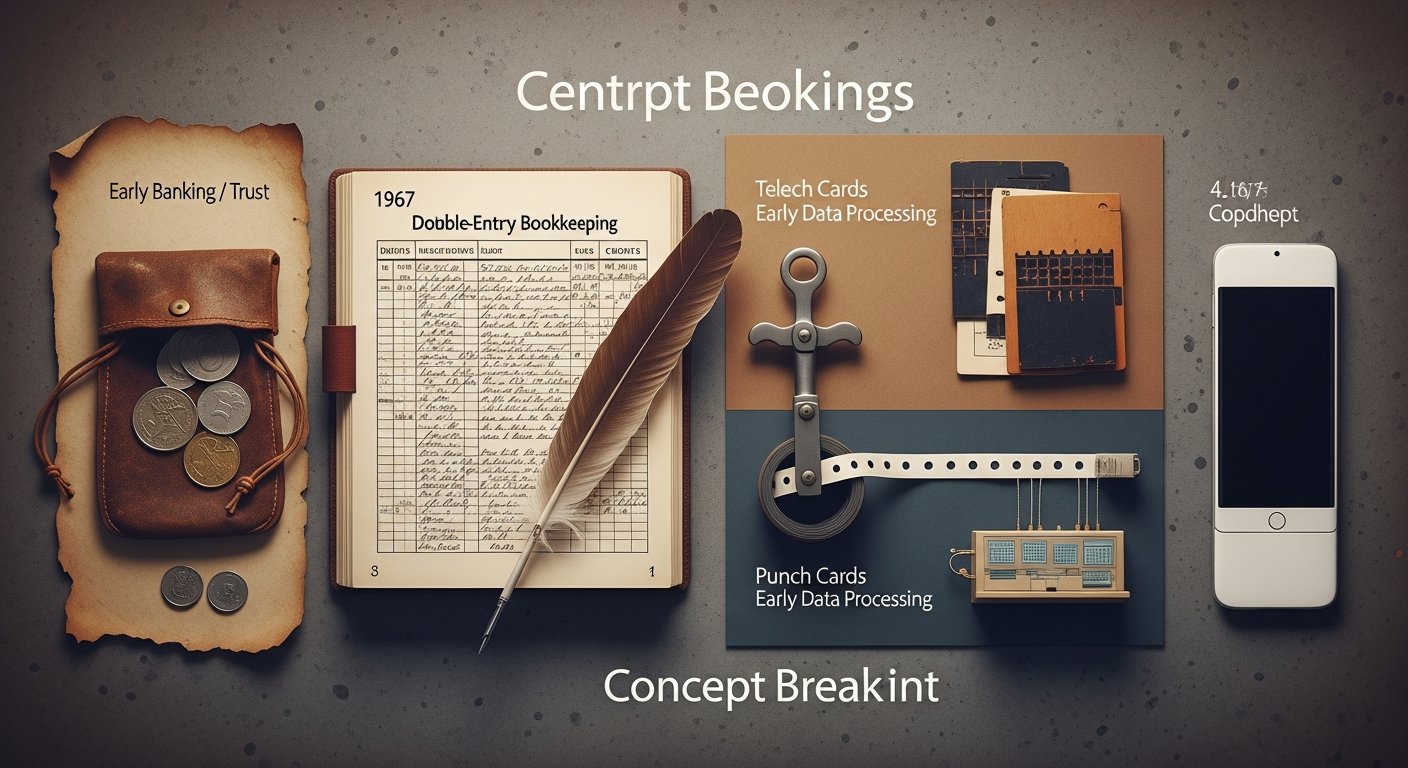 Fintech history illustration: timeline with mobile banking, digital payments, blockchain icon, finance charts